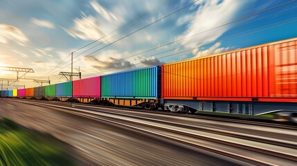 Fototapeta premium Highspeed freight train with containers at sunset