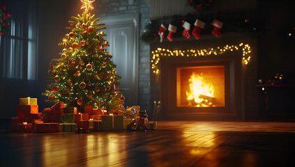 Merry chrismas. Interior christmas celebration. Magic glowing tree, fireplace and gifts in dark. Panoramic banner with place for text