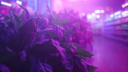Fototapeta premium Close-up of vibrant green plants under purple lighting in a market setting.