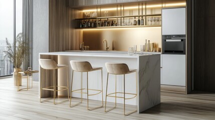 Modern Kitchen Island with White Marble Countertop and Golden Bar Stools