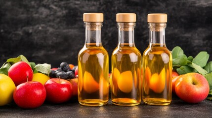  Tres botellas de vidrio con aceite y frutas frescas como manzanas y uvas en un fondo oscuro. Composición natural y saludable.
