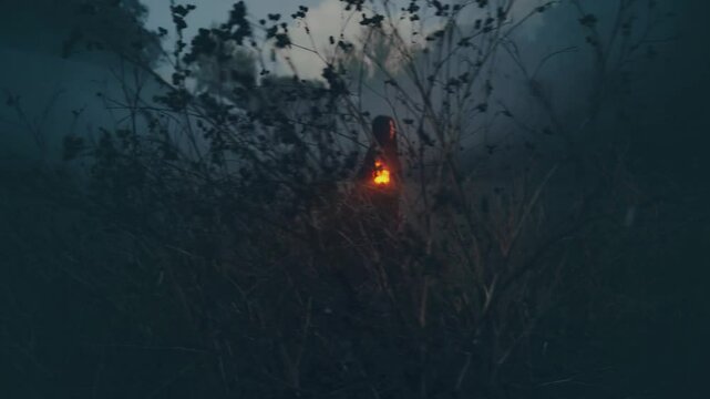 Mystery person back view, gothic woman ghost queen in dark dense fog forest hands hold lantern lamp illuminating way with warm light. long black dress cape. Fantasy girl got lost in night wood trees