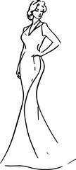 Elegant Female Silhouette Line Art Sketch Drawing. Woman Wedding Dress Minimalist Fashion Illustration. Woman Portrait Minimal Sketch Drawing. Abstract Line, Home Decor, Wall Art. Vector EPS 10