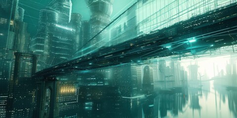 Urban Dreams Within a Cyber Cityscape, Serenity and Intrigue Amidst Futuristic Architecture, A World of Possibility Effortlessly Suspended in Blue.