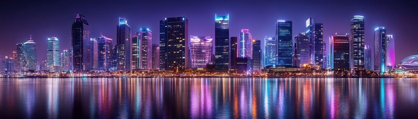 Naklejka premium Vibrant sparkling city skyline at night, showcasing dazzling lights and urban beauty.