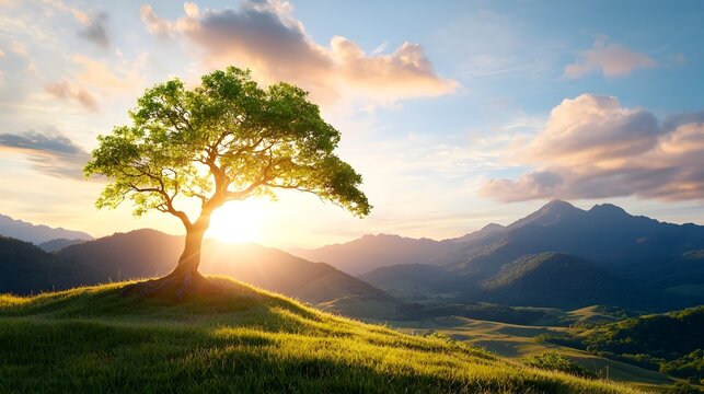 shot of a silhouette in tree pose sun setting behind capturing peace and unity with the natural world  A tranquil and serene landscape scene evoking a sense of wellness mindfulness