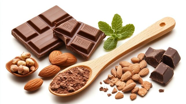  Tabletas de chocolate con almendras y cacao en polvo en una cuchara de madera, acompa&ntilde;ados de hojas de menta. Composici&oacute;n que destaca ingredientes naturales para postres.
