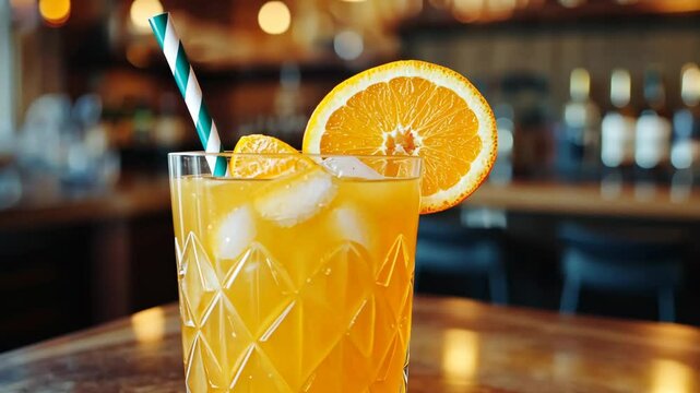 An orange drink with ice and a slice of orange, served in a glass with a striped straw, sits on a wooden bar top