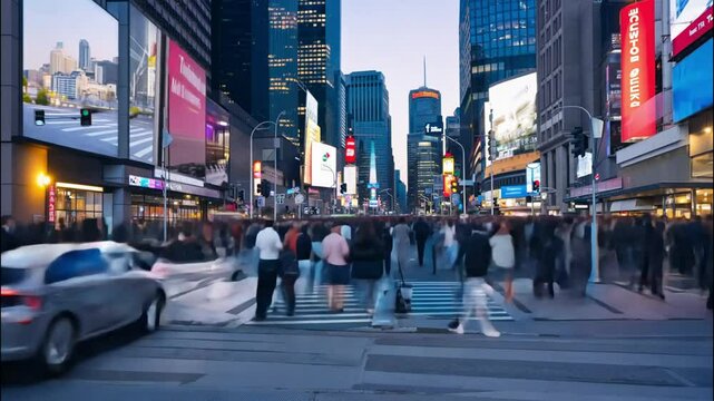 Crowds walk through a bustling urban street surrounded by tall skyscrapers and digital billboards under bright daylight