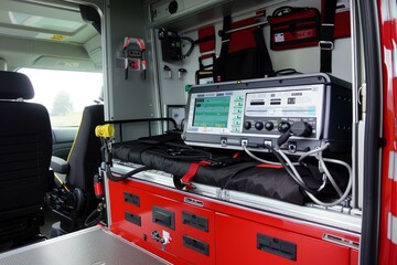 Interior of an ambulance showing medical equipment standing on a stretcher