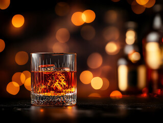 Amberhued Japanese whisky in fine glass, dark bar counter, soft light, blurred background, luxury and elegance in every detail