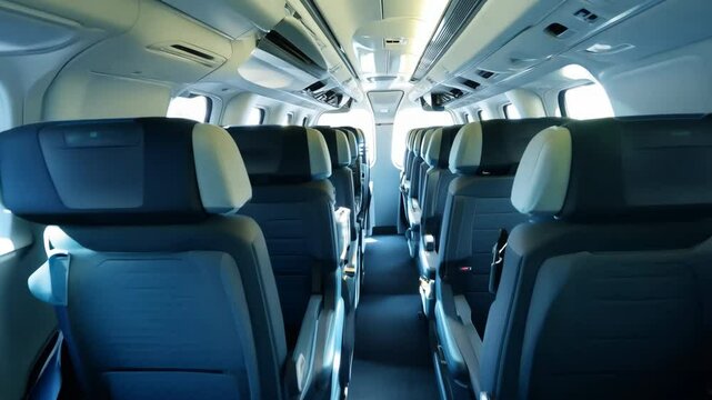Interior of modern airplane, rows of air plane seats designed for comfort. Passengers area. Spacious aisle, easy movement. Travel experience inside aircraft. Aviation, travel, transportation.