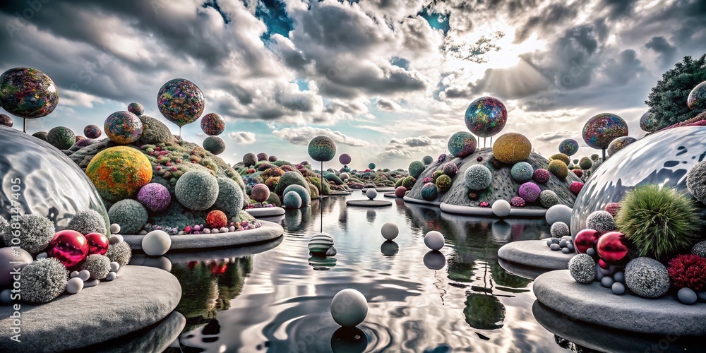 Poster surreal dreamscape of piucs: an enigmatic journey through abstract forms and vivid colors in a whims