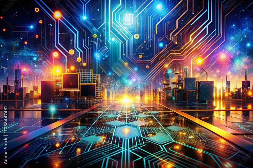 Poster surreal electronic circuit background for technology and business innovation with digital elements, 