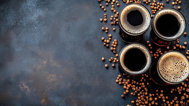 Four dark beers in glasses on rustic surface with scattered roasted coffee beans