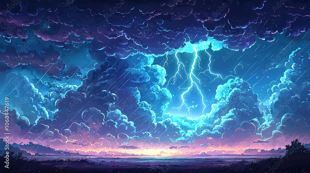 Poster thunder and lightning on a background with a blue sky. light thunderstorm