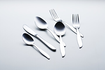 Silver colored cutlery such as spoons, forks, knives, cups and plates photographed against a white background
