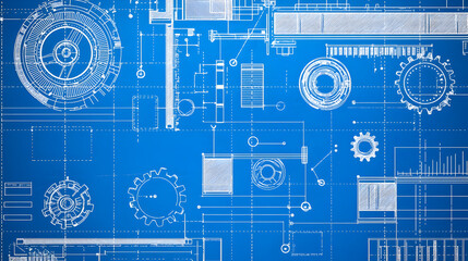 Abstract blueprint design with gears and lines on a blue background.