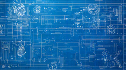 Fototapeta premium Abstract digital blueprint design with lines, circles, and arrows on a blue background.