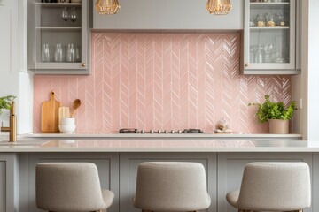 Fototapeta premium Modern Kitchen with Pink Herringbone Tile Backsplash and Grey Cabinetry