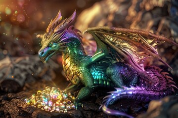 Obraz premium A Multicolored Dragon Guarding A Treasure Pile of Gems
