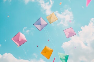 Colorful square kites flying in the sky