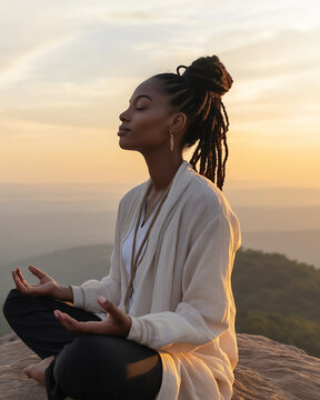 A Black woman sits peacefully on a mountain peak, meditating with closed eyes as the sun rises, surrounded by breathtaking natural beauty and tranquility