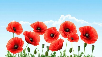 Fototapeta premium Vibrant red poppies swaying gently in the breeze, creating a stunning field of natural beauty.