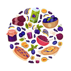 Ripe Plum Food Round Composition Design with Fresh Fruit Vector Template