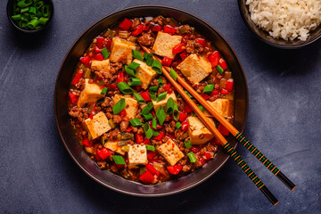 Mapo tofu, tofu in spicy mincemeat sauce.