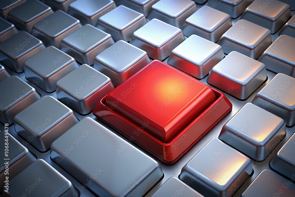 Poster surreal modern keyboard featuring a striking blank red key for custom text or logo placement, emphas