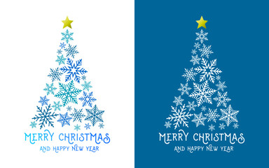 Christmas tree made of blue snowflake shapes and golden star. Abstract Merry Christmas and Happy New Year greeting card design.
