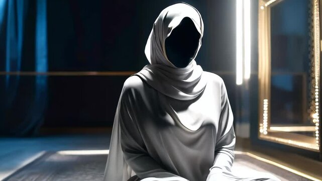 A mannequin dressed in Muslim clothing, in a hijab. A woman wearing a white robe and a white scarf sits on a rug. She is looking at the camera