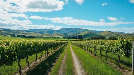 Naklejka premium Green vineyard with dirt road, hills, and clouded blue sky in background