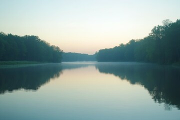 Fototapeta premium Spokojne refleksje świtu: Spokojna scena rzeki uchwycona o wschodzie słońca, podkreślająca piękno natury i ciszę pośród łagodnego porannego światła