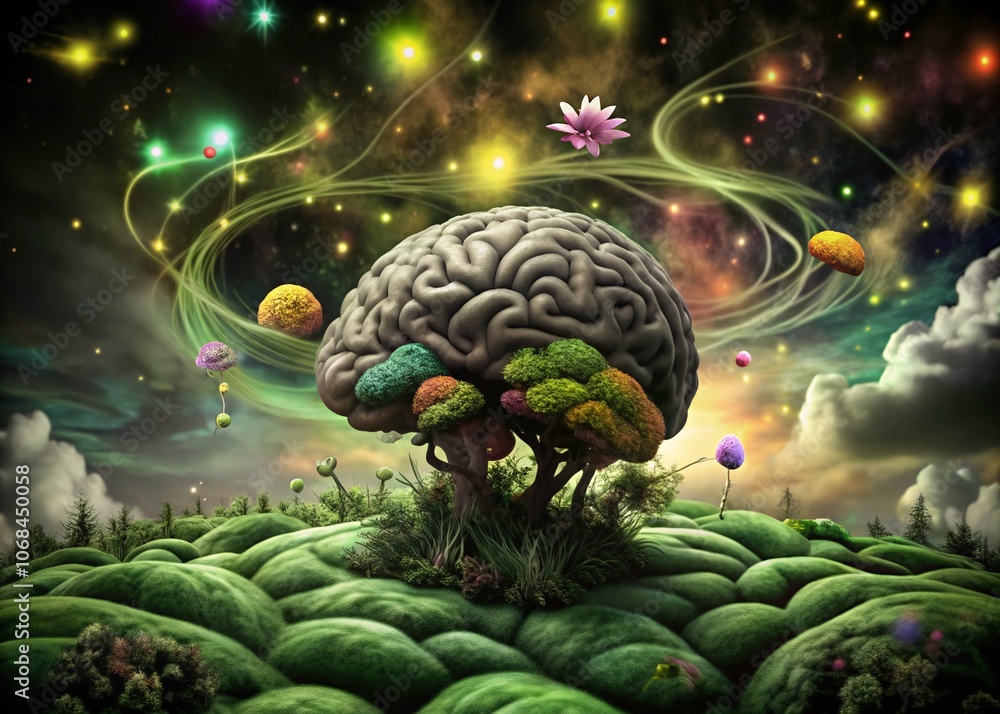Poster Surreal Representation of a Brain SVG in an Ethereal Landscape with Intertwining Neural Connections and Dreamlike Elements, Capturing the Essence of Thought and Imagination