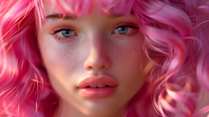 Close-up of a young girl with curly pink hair