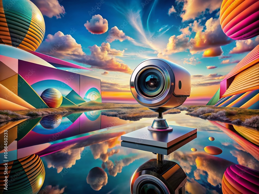 Poster surreal representation of a webcam icon in an abstract landscape with floating elements and dreamlik