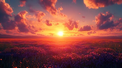 Fototapeta premium Sunset illuminates vibrant flower field in nature