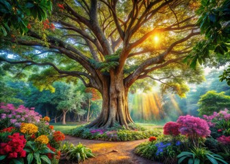 Enchanting Double Exposure of a Teak Tree in a Lush Garden Setting Capturing Nature's Beauty and Serenity in a Unique Artistic Perspective