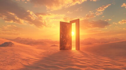 Discover new horizons through an open door at sunset