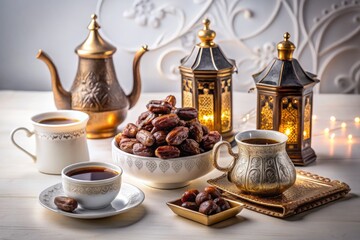 Fototapeta premium Exquisite Porcelain Arabic Coffee Pot with Cups and Dried Dates Bowl Isolated on White Background for Elegant Night Photography Display