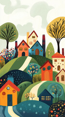 Whimsical village with colorful houses on rolling hills