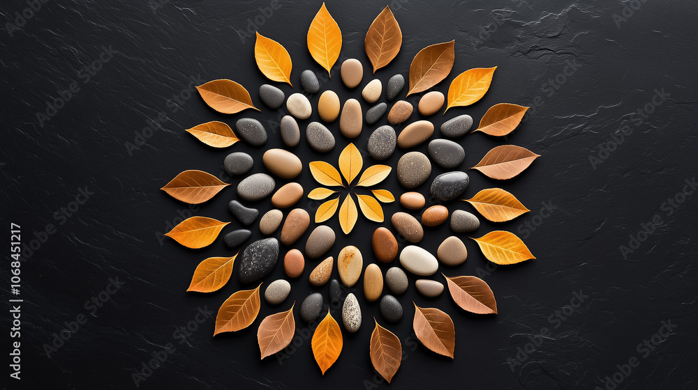Poster the display features smooth pebbles and vibrant autumn leaves arranged in a symmetrical mandala patt