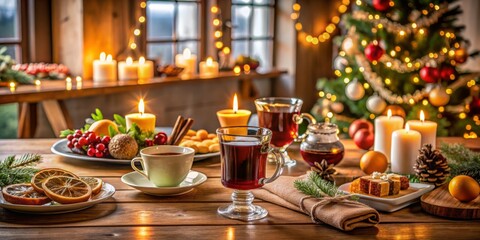 Fototapeta premium Festive Table Setting with Christmas Hot Drinks, Mulled Wine, Cocoa Cocktails, and Sweet Holiday Meals Perfect for New Year Celebrations and Cozy Gatherings