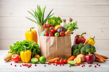 Fresh and Nutritious: A Paper Bag Filled with Healthy Food Items on a Clean White Background for Wellness and Nutrition Themes