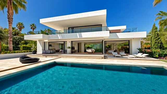A modern white villa with a swimming pool and lush landscaping in a sunny Mediterranean location