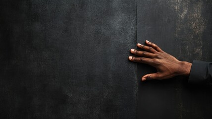 Naklejka premium Dark-skinned person touches textured black wall with hand, contrasting elements