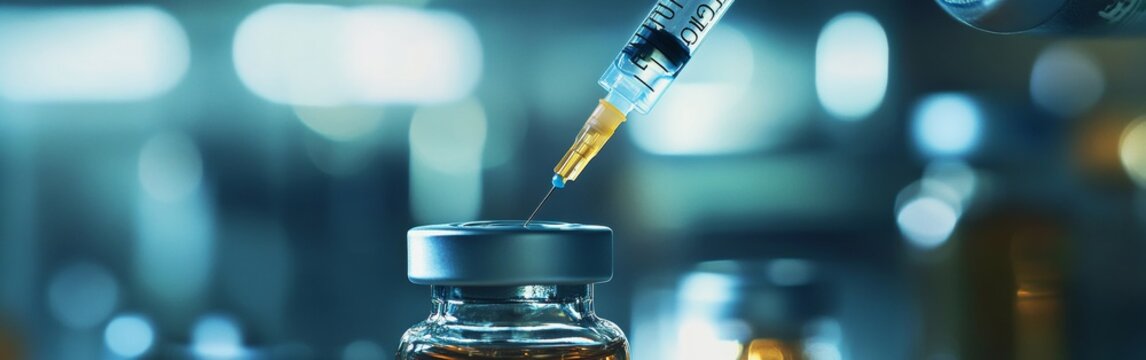 A clear syringe is seen drawing a liquid from a small glass bottle in a laboratory. This process highlights research and preparation for potential vaccine administration