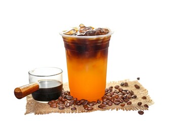 Pictures of americano ice coffee mix orange juice serving on sack and coffee beans spread on white background, isolate concept.
